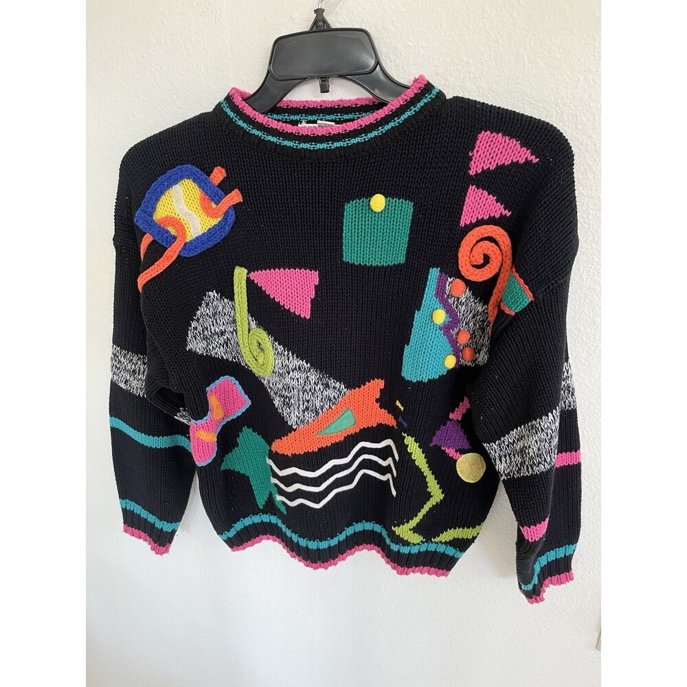 VTG 90’s Geometric Chunky Knit Womens Sweater Small Black Neon Colorblock Retro